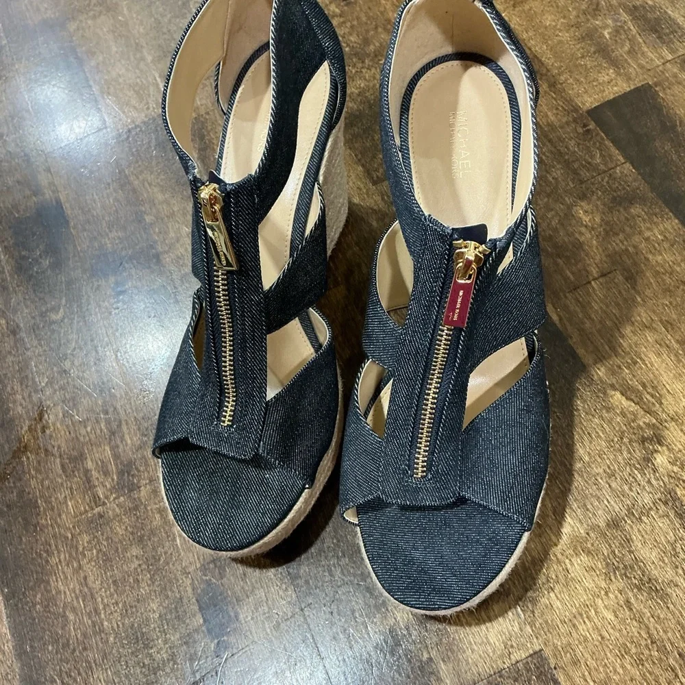 Michael Kors Black Denim Wedges with Gold Zipper - Picture 1 of 9